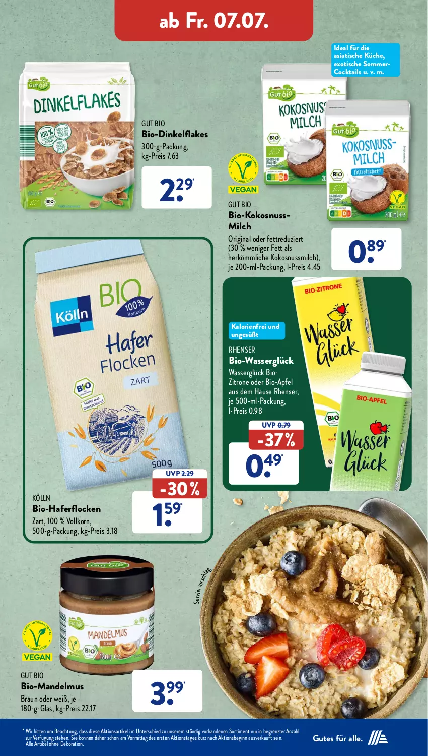 Aktueller Prospekt AldiSud - NÄCHSTE WOCHE - von 03.07 bis 08.07.2023 - strona 32 - produkty: alle artikel ohne dekoration, apfel, bio, braun, cocktail, cocktails, dekoration, eis, flakes, gin, hafer, haferflocken, kokos, kokosnuss, Kokosnussmilch, kölln, korn, küche, mandel, Mandelmus, milch, nuss, reis, Ti, tisch, wasser, zitrone, ZTE