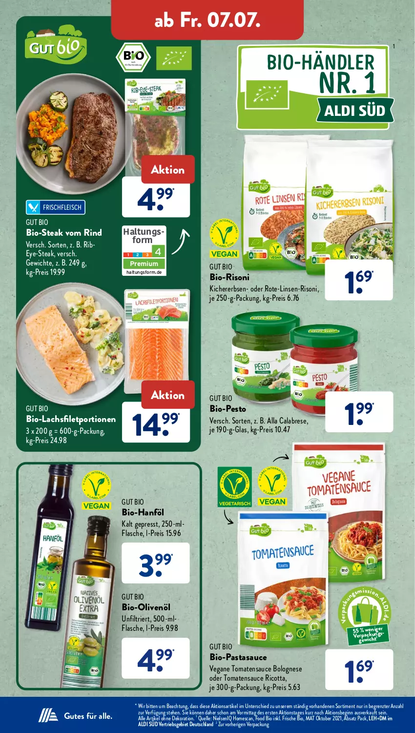 Aktueller Prospekt AldiSud - NÄCHSTE WOCHE - von 03.07 bis 08.07.2023 - strona 33 - produkty: aldi, alle artikel ohne dekoration, bio, Bio-Olivenöl, Bio-Steak, bolognese, dekoration, eis, elle, erbsen, filet, flasche, fleisch, gin, je 250-g-packung, kichererbsen, lachs, lachsfilet, linsen, olive, oliven, olivenöl, pasta, pesto, reis, ricotta, rind, sauce, steak, Ti, tomate, tomaten, tomatensauce, ZTE