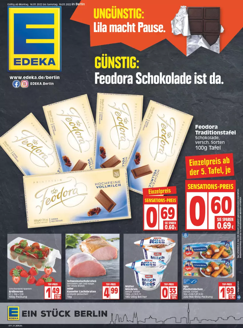 Aktueller Prospekt Edeka - Angebote der Woche - von 14.03 bis 19.03.2022 - strona 1 - produkty: angebot, braten, deka, eis, ente, lachs, Lachsbraten, LG, mac, reis, Ria, schoko, schokolade, Ti, top-preis