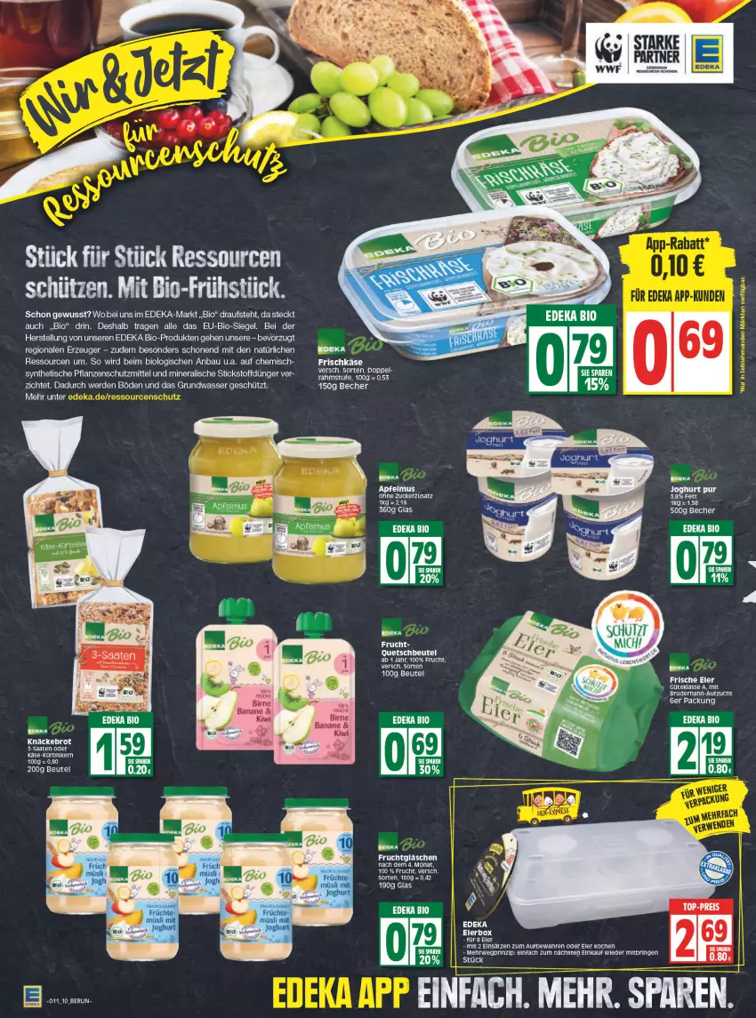 Aktueller Prospekt Edeka - Angebote der Woche - von 14.03 bis 19.03.2022 - strona 10 - produkty: apfel, apfelmus, Bau, Becher, beutel, bio, brot, deka, dünger, edeka bio, eier, eis, erde, frucht, joghur, joghurt, knäckebrot, pflanze, pflanzen, quetschbeutel, reis, ring, rwe, Schütze, Ti, tisch, top-preis, wasser, zucker