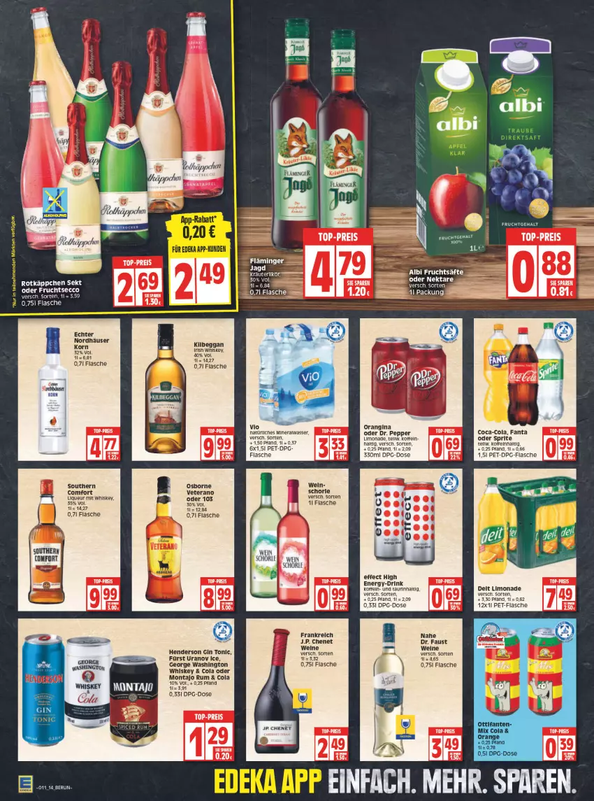 Aktueller Prospekt Edeka - Angebote der Woche - von 14.03 bis 19.03.2022 - strona 14 - produkty: alkohol, Alwa, aust, coca-cola, cola, deit, drink, ecco, Effect, eis, enders, fanta, flasche, frucht, fruchtsecco, gin, irish whiskey, J.P. Chenet, korn, kräuter, kräuterlikör, likör, limo, limonade, liqueur, mineralwasser, natürliches mineralwasser, Nektar, oder sprite, orange, orangina, osborne, pet-flasche, reis, rotkäppchen, rum, schorle, sekt, Southern Comfort, sprite, Ti, tonic, top-preis, veterano, wasser, wein, weine, whiskey