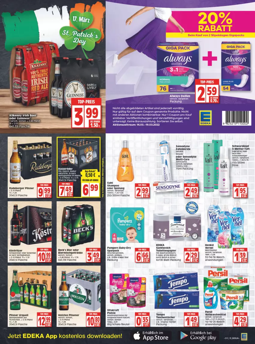 Aktueller Prospekt Edeka - Angebote der Woche - von 14.03 bis 19.03.2022 - strona 15 - produkty: alleinfuttermittel, Alwa, Always, arla, baby-dry, Bau, beck's, Berger, beutel, bier, coupon, creme, dailies, deka, elle, flasche, getränk, getränke, gin, google play, Guhl, Guinness, haarspray, hasseröder, henkel, holsten, holsten pilsener, Kilkenny, köstritzer, kraft, lack, LG, natur, oder schaumfestiger, pampers, papier, persil, pils, pilsener, pilsner, pilsner urquell, radeberger, radeberger pilsner, radler, Schal, Schale, schaumfestiger, schwarzkop, schwarzkopf, sensodyne, shampoo, spülung, Taft, Tasche, taschen, taschentücher, Tempo, Ti, Tiere, tücher, vernel, vita, vitakraft, vollwaschmittel, waschmittel, windeln, zahncreme