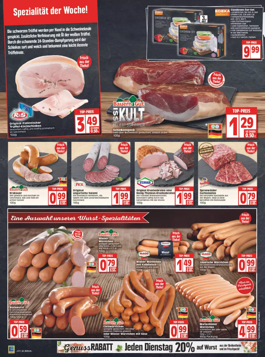 Aktueller Prospekt Edeka - Angebote der Woche - von 14.03 bis 19.03.2022 - strona 4 - produkty: arla, auer, aufschnitt, Bau, Bauer, bockwurst, braten, bratenaufschnitt, Brühwurst, chili, deka, eis, elle, gewürz, gin, gurke, gurken, honig, Käse, knoblauch, kochschinken, krakauer, krustenbraten, mac, mikrowelle, mit knoblauch, nuss, Ofen, reis, remoulade, rwe, saft, salami, schinken, schinkenspeck, Speck, Spezi, spreewälder, tee, Ti, tisch, top-preis, Trüffel, Ungarische Salami, wiener, wiener würstchen, wurst, würstchen