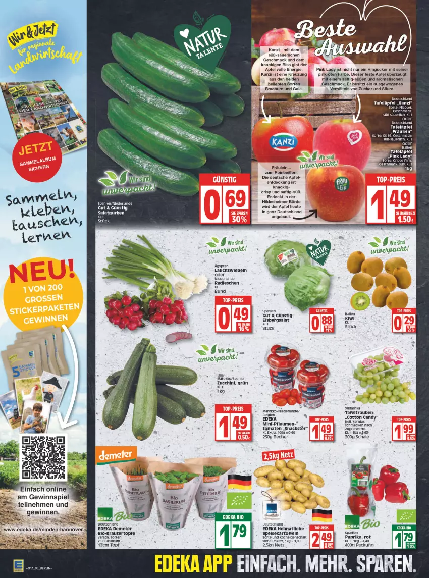 Aktueller Prospekt Edeka - Angebote der Woche - von 14.03 bis 19.03.2022 - strona 6 - produkty: apfel, basilikum, Bau, Becher, bio, deka, eimer, eis, eisbergsalat, elle, gewinnspiel, gurke, gurken, Heu, kartoffel, kartoffeln, kräuter, Lauchzwiebel, lauchzwiebeln, LG, mac, paprika, pflaume, pflaumen, Pink Lady, radieschen, saft, salat, Salatgurke, salatgurken, Schal, Schale, snack, snacks, speisekartoffeln, tafeläpfel, tafeltrauben, Ti, tisch, tomate, tomaten, topf, trauben, zucchini, zucker, zwiebel, zwiebeln