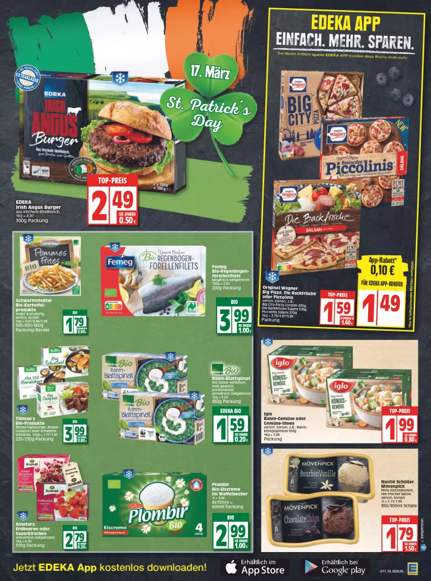 Aktueller Prospekt Edeka - Angebote der Woche - von 14.03 bis 19.03.2022 - strona 9 - produkty: arla, auer, Becher, beere, beeren, beutel, bio, blattspinat, burger, cevapcici, creme, eis, eiscreme, elle, erdbeere, erdbeeren, filet, filets, fleisch, gemuse, google play, hamburger, iglo, kirsch, kirsche, kirschen, mövenpick, pizza, rahm-gemüse, reis, rel, rind, rinder, rindfleisch, sahne, salami, sauerkirschen, Schal, Schale, schnitzel, Schöller, schwarmstedter, schwein, schweine, spinat, Ti, Tillman's, top-preis, wagner, wein, weine