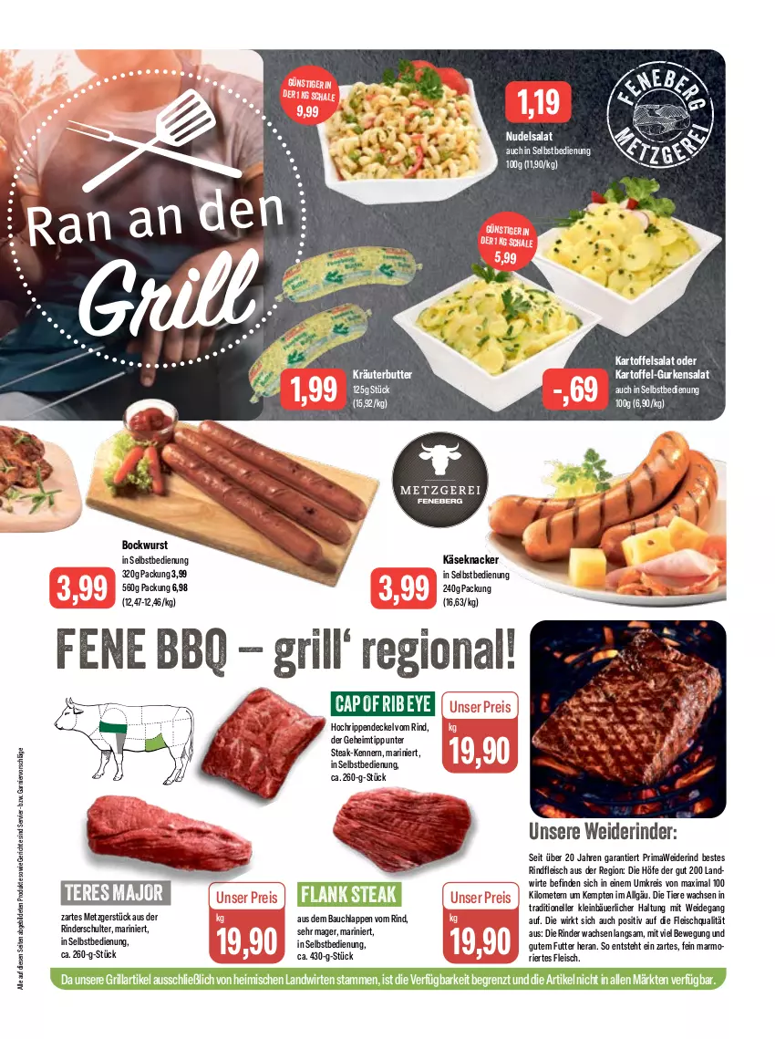 Aktueller Prospekt Feneberg - Prospekte - von 22.06 bis 24.06.2023 - strona 3 - produkty: Bau, bockwurst, butter, Cap, decke, Deckel, eis, elle, fleisch, garnier, grill, gurke, gurken, gurkensalat, kartoffel, kartoffelsalat, Käse, knacker, kräuter, kräuterbutter, LG, nudel, nudelsalat, reis, rind, rinder, rindfleisch, Rippen, salat, Schal, Schale, steak, Ti, Tiere, wurst