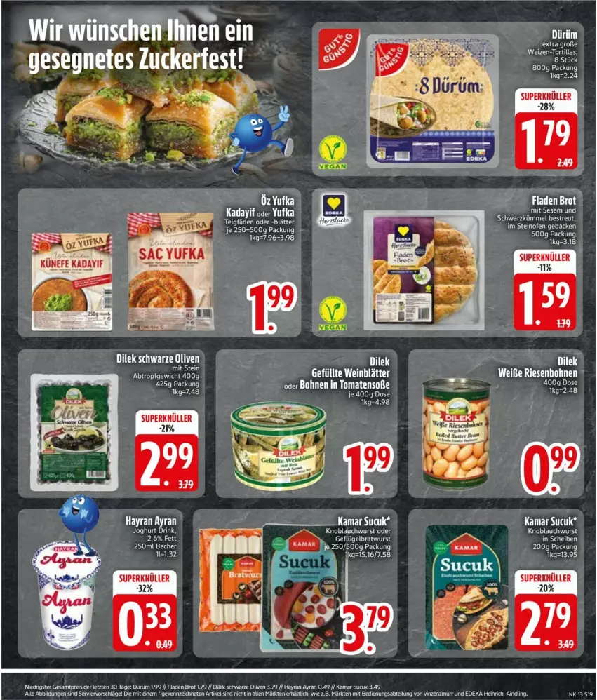 Aktueller Prospekt Edeka - Prospekte - von 24.03 bis 29.03.2025 - strona 21 - produkty: Ayran, bohne, bohnen, bratwurst, brot, eis, Geflügel, knoblauch, olive, oliven, reis, Soße, Sucuk, Ti, tomate, tomaten, tortilla, tortillas, wein, wurst, ZTE