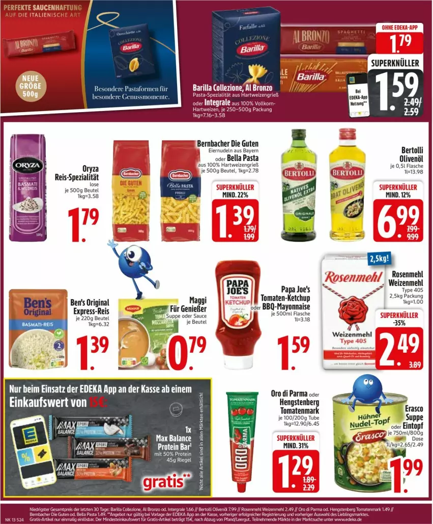 Aktueller Prospekt Edeka - Prospekte - von 24.03 bis 29.03.2025 - strona 26 - produkty: barilla, bernbacher, bertolli, beutel, deka, eier, eiernudeln, eintopf, eis, ente, erasco, express-reis, flasche, gin, hartweizen, hengstenberg, korn, maggi, mehl, nudel, nudeln, nuss, olive, oliven, olivenöl, oro di parma, oryza, Papa Joe's, pasta, reis, riegel, rosen, Rosenmehl, sauce, saucen, Spezi, suppe, tomate, tomaten, tomatenmark, topf, type 405, weizenmehl, Yo