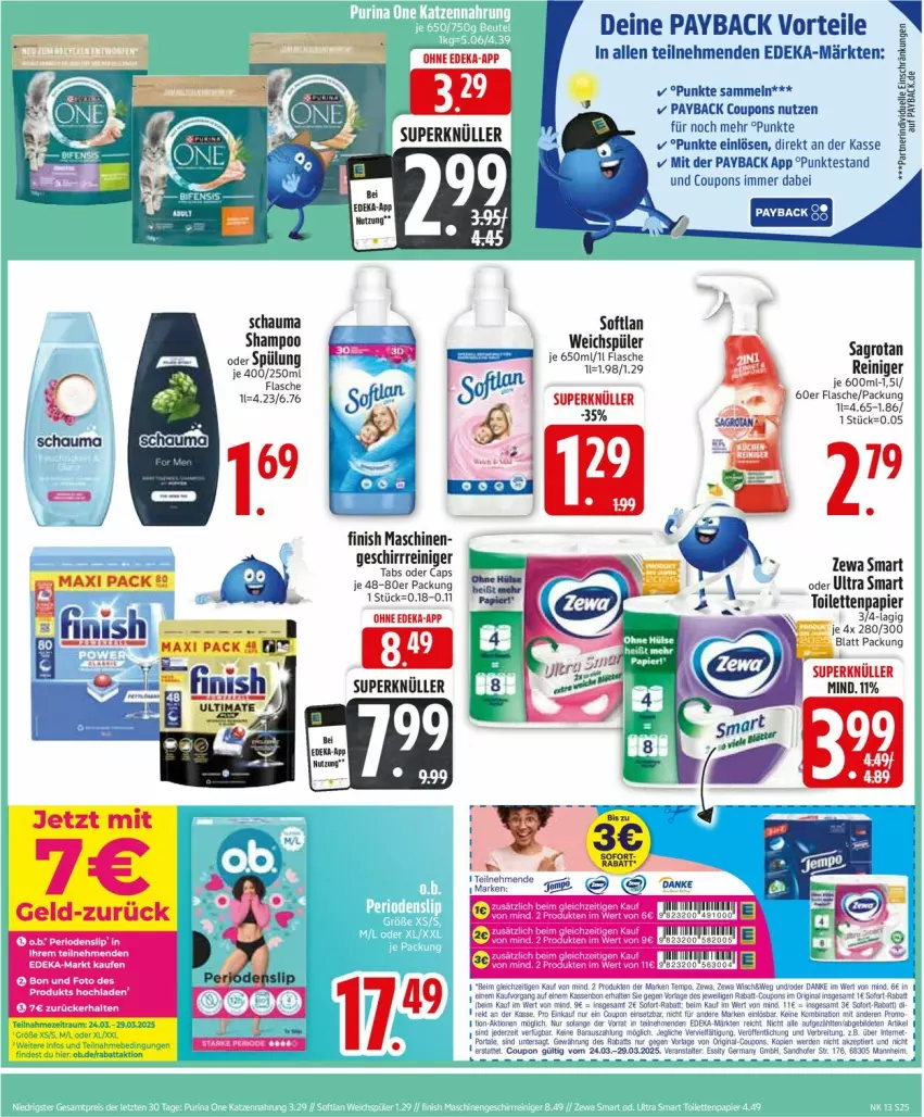 Aktueller Prospekt Edeka - Prospekte - von 24.03 bis 29.03.2025 - strona 27 - produkty: coupon, coupons, deka, Finish, flasche, papier, payback, reiniger, sagrotan, schauma, shampoo, slip, Softlan, spülung, toilettenpapier, weichspüler