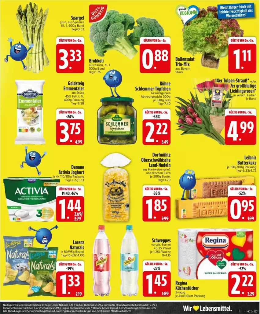 Aktueller Prospekt Edeka - Prospekte - von 24.03 bis 29.03.2025 - strona 29 - produkty: activia, activia joghurt, aldi, ball, beutel, brokkoli, butter, butterkeks, danone, eier, emmentaler, flasche, gewürz, Gewürzgurke, gewürzgurken, goldsteig, gurke, gurken, joghur, joghurt, keks, Kühne, leibniz, lorenz, natur, natura, salat, schweppes, Ti, Töpfchen