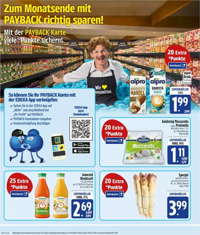 Aktueller Prospekt Edeka - Prospekte - von 24.03 bis 29.03.2025 - strona 6 - produkty: alpro, beutel, deka, drink, flasche, goldsteig, mandel, mozzarella, payback, rel, spargel, Ti, ZTE