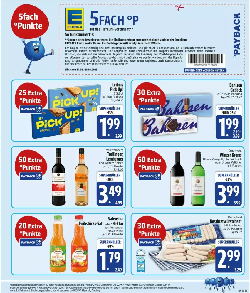 Aktueller Prospekt Edeka - Prospekte - von 24.03 bis 29.03.2025 - strona 7 - produkty: Abtei, angebot, auer, bahlsen, Berger, blauer zweigelt, coupon, coupons, deka, erde, flasche, grüner veltliner, leibniz, LG, Nektar, payback, Pick Up!, Rauch, rwe, saft, Ti, tisch, trolli, trollinger, valensina, ZTE, Zweigelt