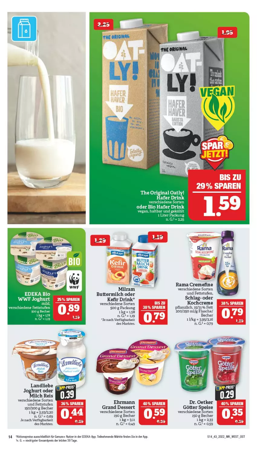 Aktueller Prospekt Marktkauf - Prospekt - von 23.10 bis 29.10.2022 - strona 14 - produkty: aktionspreis, Becher, bio, butter, buttermilch, creme, deka, dessert, Dr. Oetker, drink, ehrmann, eis, flasche, gin, hafer, joghur, joghurt, Kefir, Kochcreme, landliebe, landliebe joghurt, milch, milram, nuss, rama, rama cremefine, reis, Ti, ZTE