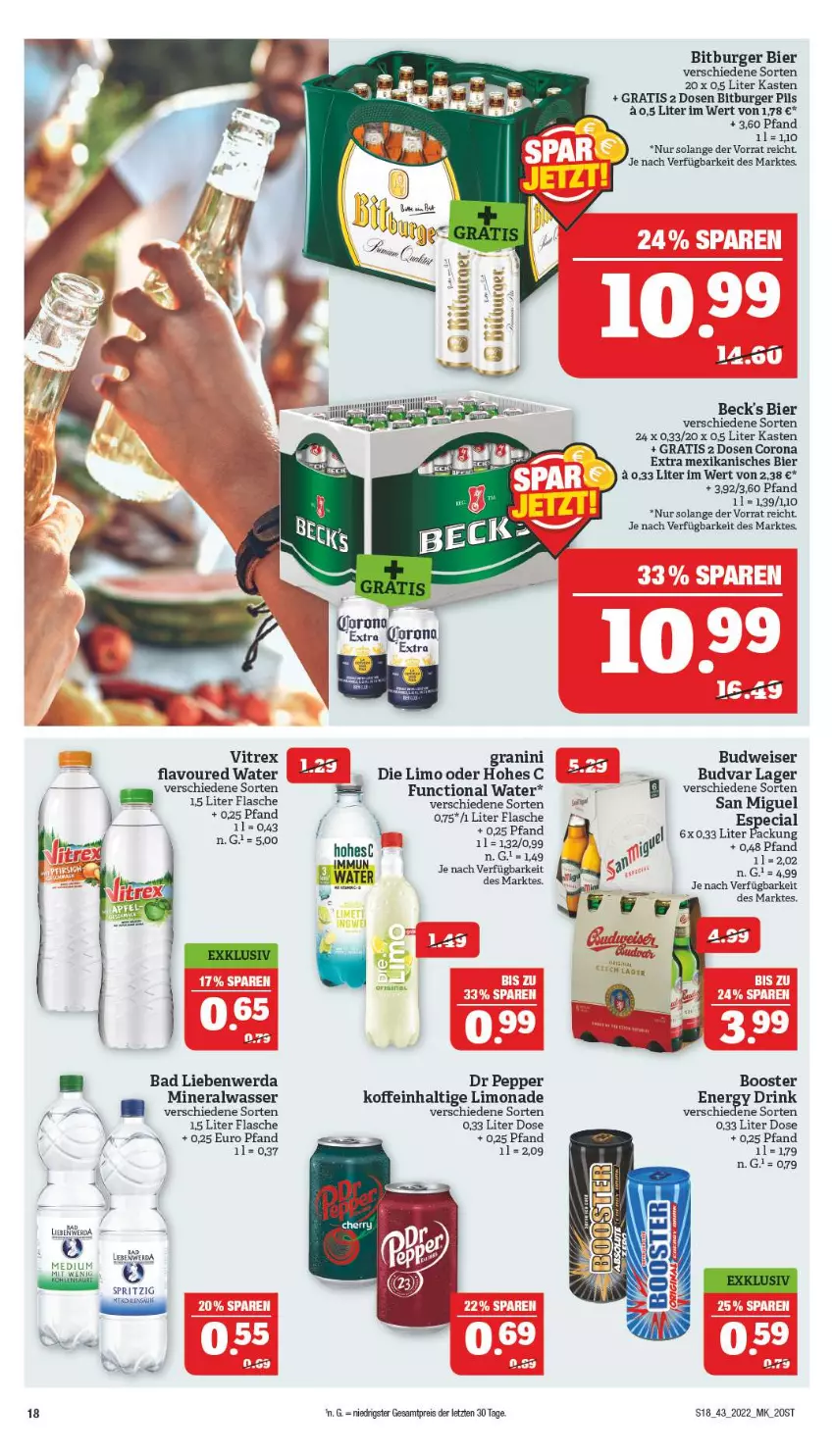 Aktueller Prospekt Marktkauf - Prospekt - von 23.10 bis 29.10.2022 - strona 18 - produkty: Alwa, Bad, Bad Liebenwerda, beck's, bier, bitburger, bitburger pils, budweiser, burger, corona, corona extra, drink, eis, energy drink, flasche, granini, Hohes C, limo, limonade, mineralwasser, pils, reis, Ti, vitrex, wasser, ZTE