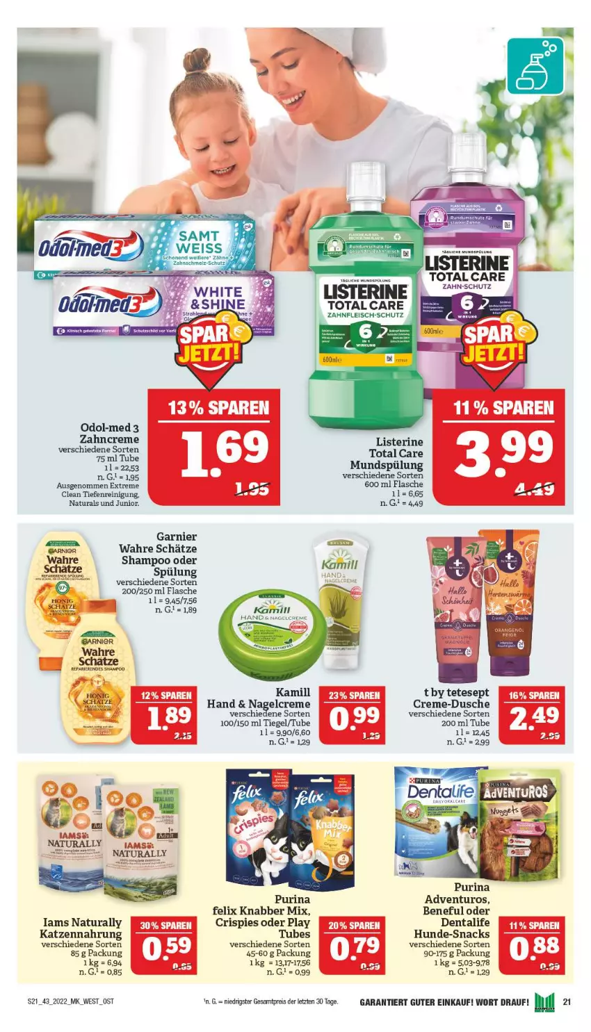 Aktueller Prospekt Marktkauf - Prospekt - von 23.10 bis 29.10.2022 - strona 21 - produkty: adventuros, creme, dusche, eier, eis, felix, flasche, fleisch, garnier, honig, katzennahrung, listerine, mundspülung, natur, natura, Odol, Odol-med 3, purina, Reinigung, reis, shampoo, snack, snacks, spülung, Ti, total care, Wahre Schätze, zahncreme, ZTE