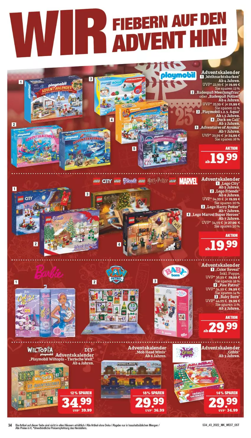 Aktueller Prospekt Marktkauf - Prospekt - von 23.10 bis 29.10.2022 - strona 34 - produkty: Adventskalender, aqua, Bad, Duck, eis, elle, hero, Jungfrau, LEGO Friends, LEGO Harry Potter, Paw Patrol, playmobil, Puppe, reis, teller, Ti