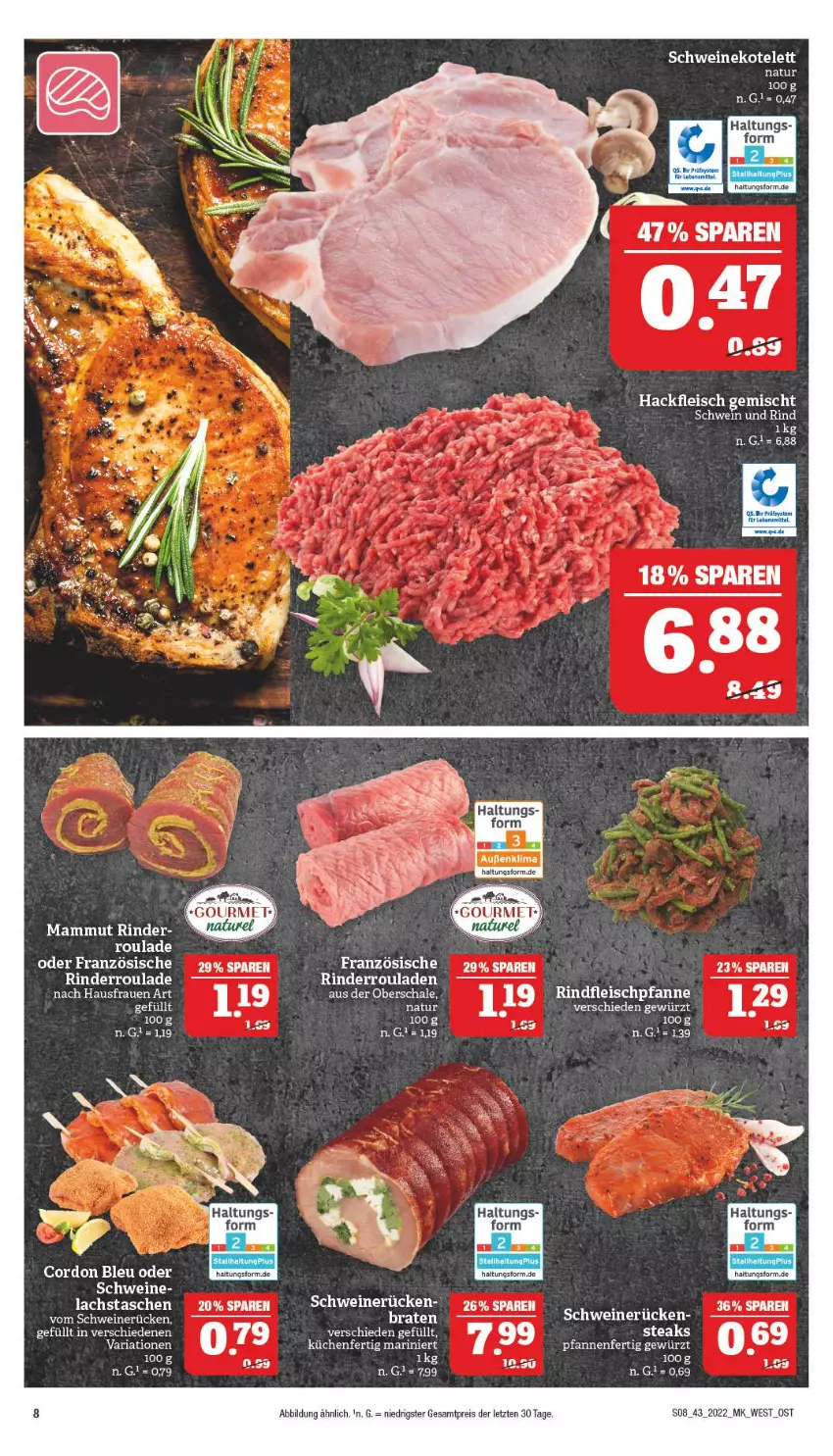 Aktueller Prospekt Marktkauf - Prospekt - von 23.10 bis 29.10.2022 - strona 8 - produkty: cordon bleu, eis, fleisch, gewürz, hackfleisch, hackfleisch gemischt, HP, lachs, mam, natur, pfanne, pfannen, reis, Ria, rind, rinder, Rinderroulade, Schal, Schale, schwein, schwein und rind, schweine, steak, steaks, Tasche, taschen, Ti, wein, weine, ZTE