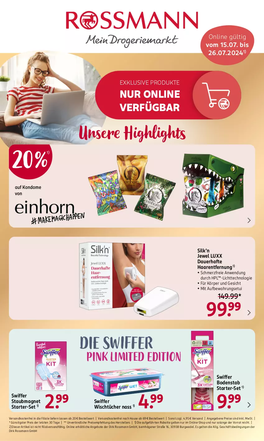 Aktueller Prospekt Rossmann - Prospekte - von 15.07 bis 26.07.2024 - strona 1 - produkty: angebot, angebote, auer, eis, elle, Haarentfernung, HP, Kondome, LG, ndk, reis, staubmagnet, swiffer, teller, Ti, tücher, versandkostenfrei, wedel, ZTE