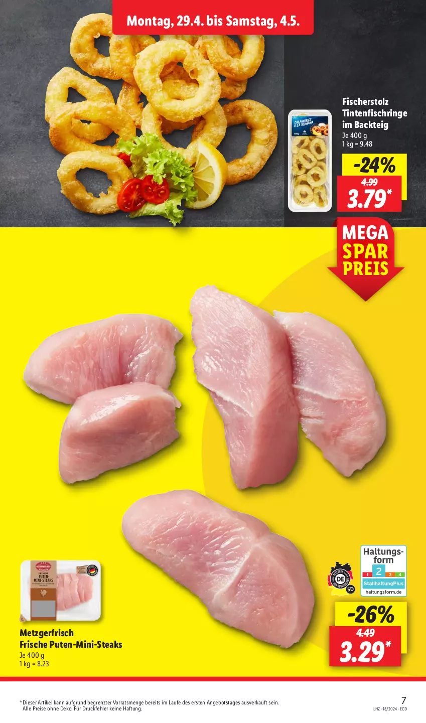 Aktueller Prospekt Lidl - Aktionsprospekt - von 29.04 bis 04.05.2024 - strona 11 - produkty: angebot, eis, fisch, fische, Fischer, pute, reis, ring, steak, steaks, Ti, Tintenfischringe, ZTE