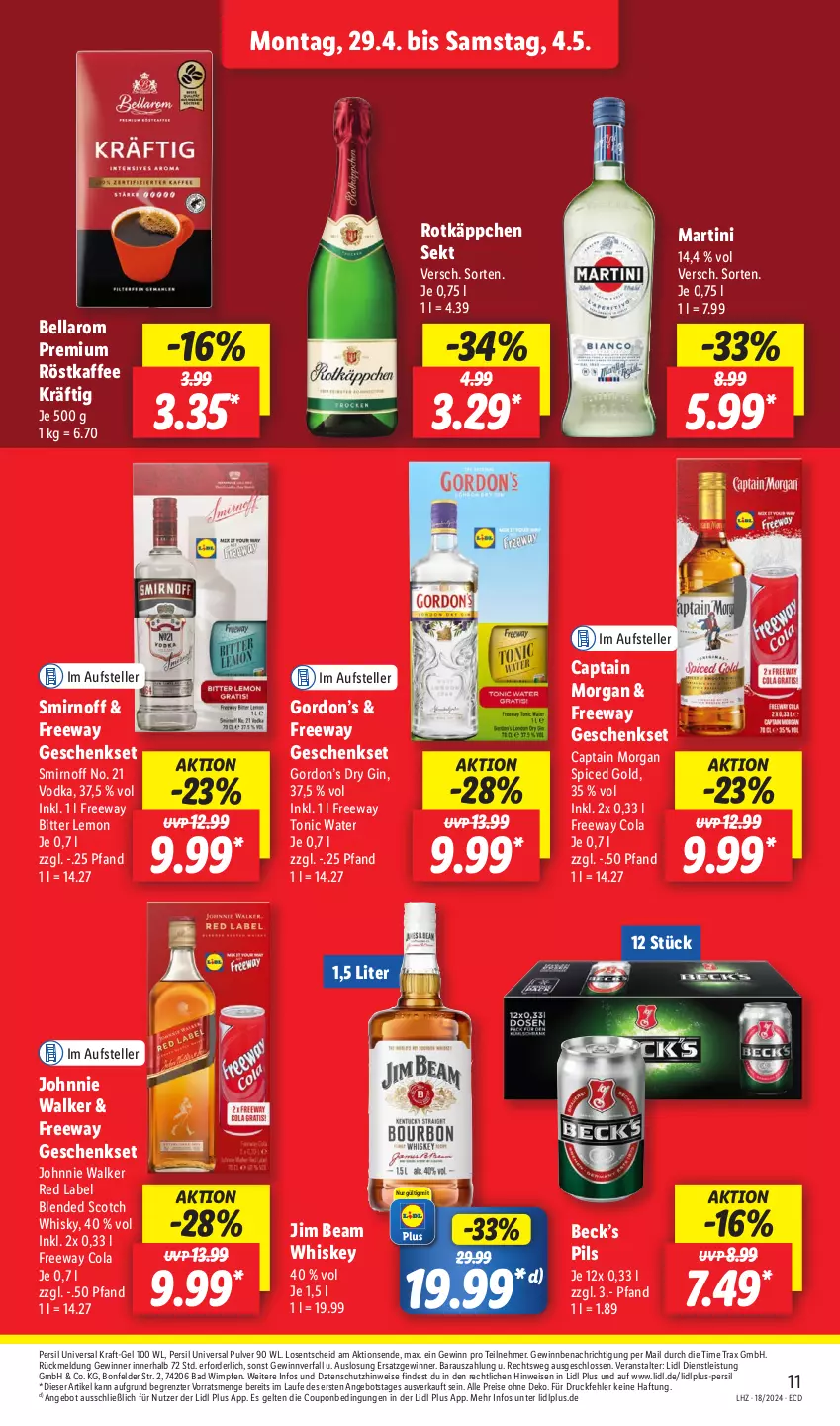 Aktueller Prospekt Lidl - Aktionsprospekt - von 29.04 bis 04.05.2024 - strona 15 - produkty: angebot, Bad, bitter lemon, blended scotch, blended scotch whisky, Cap, captain morgan, cola, coupon, dry gin, eis, elle, geschenkset, gin, gordon, Gordon’s, jim beam, johnnie walker, kaffee, kraft, martini, persil, pils, reis, röstkaffee, rotkäppchen, scotch, scotch whisky, sekt, smirnoff, teller, Ti, tonic, tonic water, universal pulver, vodka, whiskey, whisky, ZTE