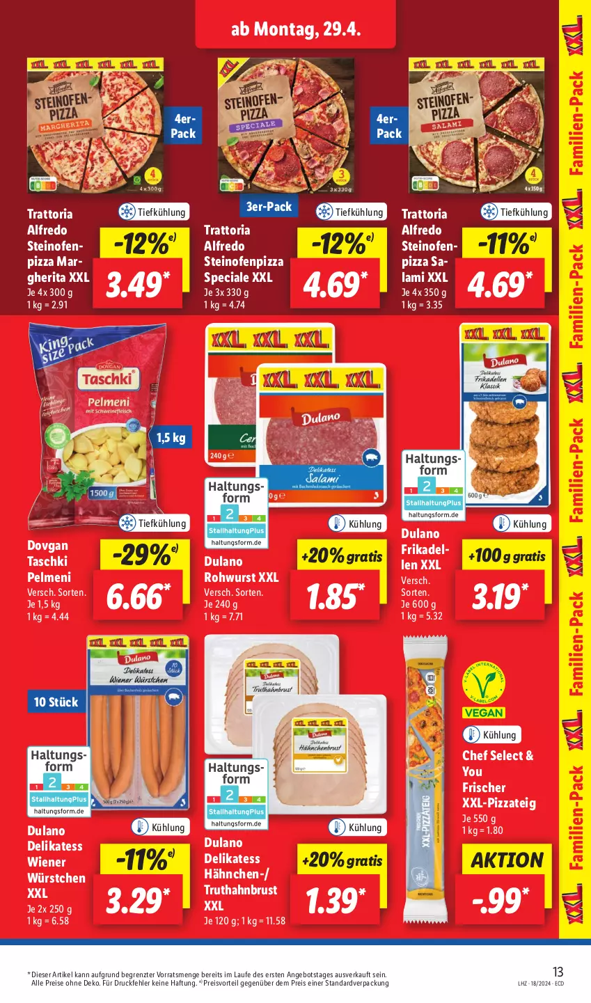 Aktueller Prospekt Lidl - Aktionsprospekt - von 29.04 bis 04.05.2024 - strona 17 - produkty: angebot, dell, dovgan, dulano, eis, elle, frikadellen, margherita, Ofen, pelmeni, pizza, Pizzateig, preisvorteil, reis, Ria, Rohwurst, salami, steinofen, taschki, Ti, truthahn, wiener, wiener würstchen, wurst, würstchen, Yo, ZTE