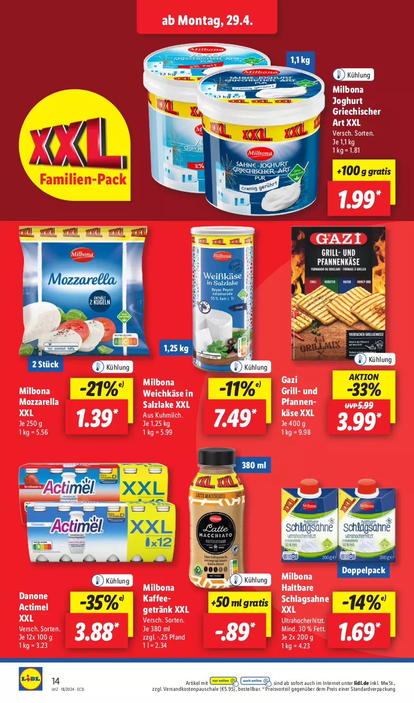 Aktueller Prospekt Lidl - Aktionsprospekt - von 29.04 bis 04.05.2024 - strona 18 - produkty: actimel, Bona, danone, eis, getränk, grill, joghur, joghurt, kaffee, Käse, Milbona, milch, mozzarella, ndk, pfanne, pfannen, pfannenkäse, preisvorteil, reis, rel, sahne, salz, Schal, Schale, schlagsahne, Ti, und pfanne, weichkäse