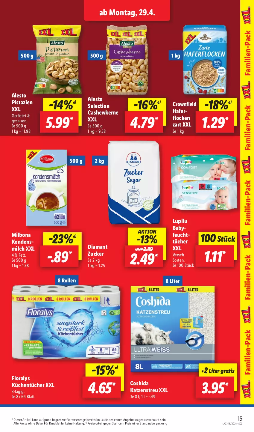 Aktueller Prospekt Lidl - Aktionsprospekt - von 29.04 bis 04.05.2024 - strona 19 - produkty: alesto, angebot, Bona, Cashew, cashewkerne, Coshida, eis, feuchttücher, Floralys, hafer, haferflocken, Katzenstreu, kondensmilch, küche, Küchen, küchentücher, lupilu, Milbona, milch, pistazien, preisvorteil, reis, salz, Ti, tücher, ZTE, zucker