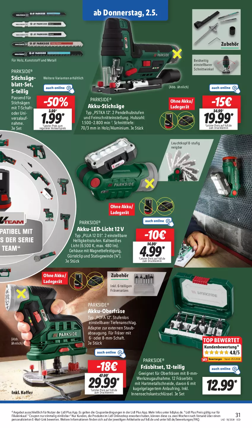 Aktueller Prospekt Lidl - Aktionsprospekt - von 29.04 bis 04.05.2024 - strona 35 - produkty: adapter, akku, angebot, Bitset, coupon, eis, Holz, koffer, Kugel, ladegerät, led-licht, LG, Oberfräse, Parkside, Persona, reis, Ria, ring, säge, stichsäge, Ti, werkzeug, ZTE