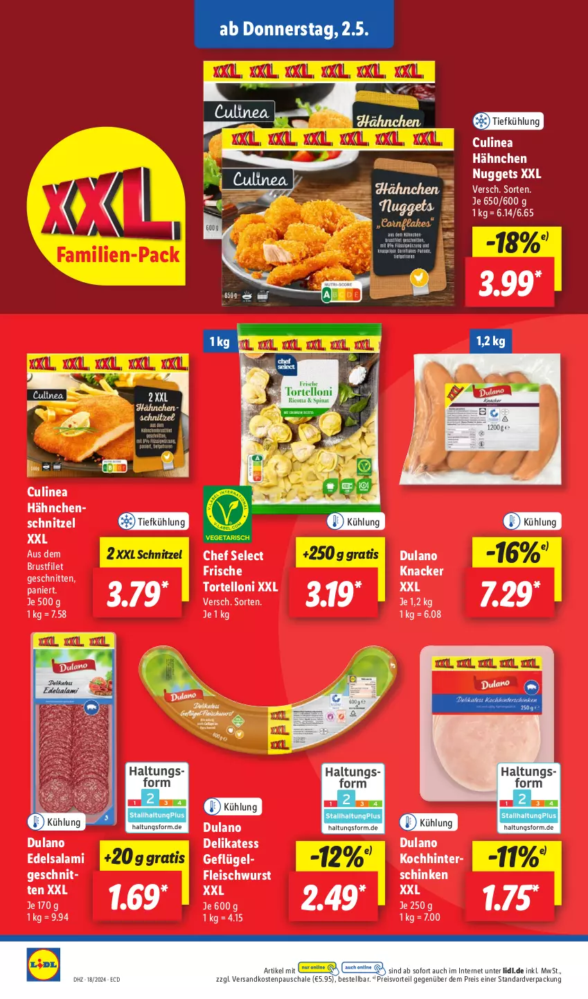 Aktueller Prospekt Lidl - Aktionsprospekt - von 29.04 bis 04.05.2024 - strona 48 - produkty: brustfilet, dulano, Edelsalami, eis, filet, fleisch, fleischwurst, Geflügel, Hähnchenschnitzel, hinterschinken, knacker, ndk, nuggets, preisvorteil, reis, salami, Schal, Schale, schinken, schnitten, schnitzel, Ti, torte, tortelloni, wurst