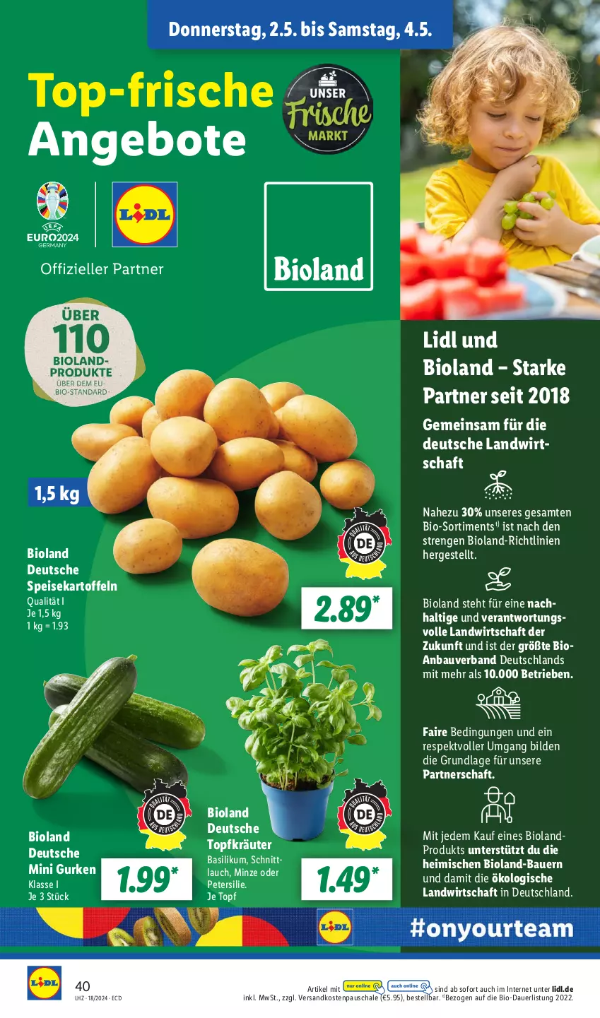 Aktueller Prospekt Lidl - Aktionsprospekt - von 29.04 bis 04.05.2024 - strona 50 - produkty: angebot, angebote, auer, basilikum, Bau, Bauer, bio, bioland, eis, gurke, gurken, kartoffel, kartoffeln, kräuter, minze, ndk, petersilie, Rauch, Schal, Schale, schnittlauch, speisekartoffeln, strauchtomaten, Ti, tomate, tomaten, topf, Topfkräuter, zitrone, zitronen