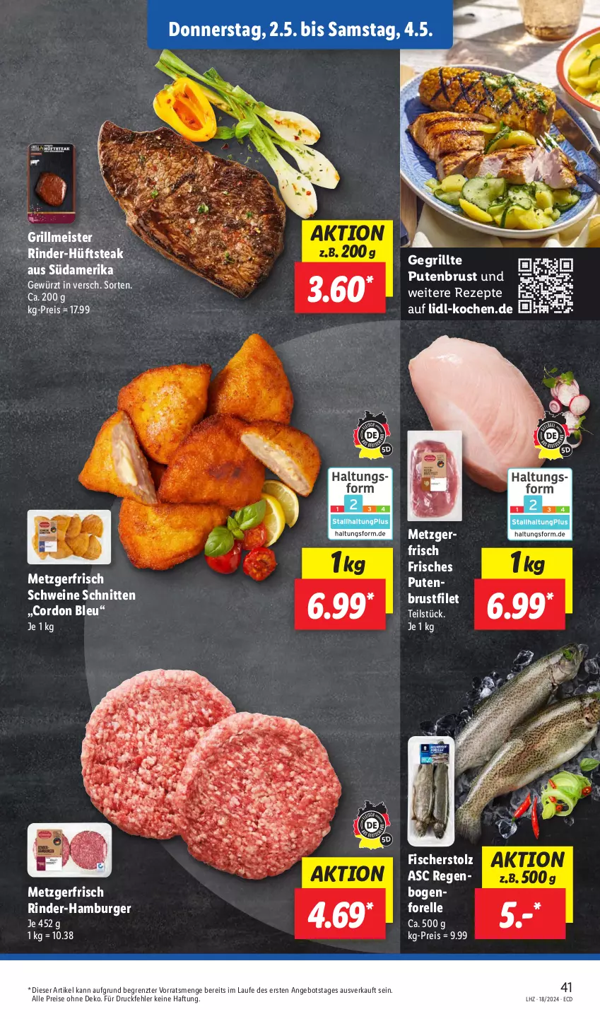 Aktueller Prospekt Lidl - Aktionsprospekt - von 29.04 bis 04.05.2024 - strona 51 - produkty: angebot, brustfilet, burger, cordon bleu, eis, elle, filet, fisch, fische, Fischer, forelle, gewürz, grill, hamburger, hüftsteak, Meister, pute, putenbrust, putenbrustfilet, reis, rel, rezept, rezepte, rind, rinder, schnitten, schwein, schweine, steak, Ti, wein, weine, ZTE