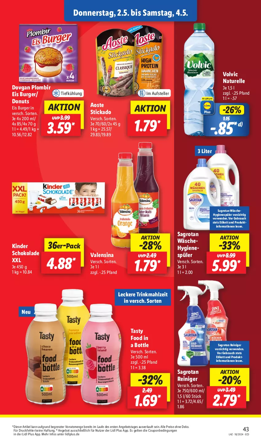 Aktueller Prospekt Lidl - Aktionsprospekt - von 29.04 bis 04.05.2024 - strona 53 - produkty: angebot, aoste stickado, burger, coupon, Donut, donuts, dovgan, eis, elle, hygienespüler, Kinder, kinder schokolade, natur, Rauch, reiniger, reis, rel, rwe, sagrotan, schoko, schokolade, stickado, teller, Ti, valensina, volvic, ZTE