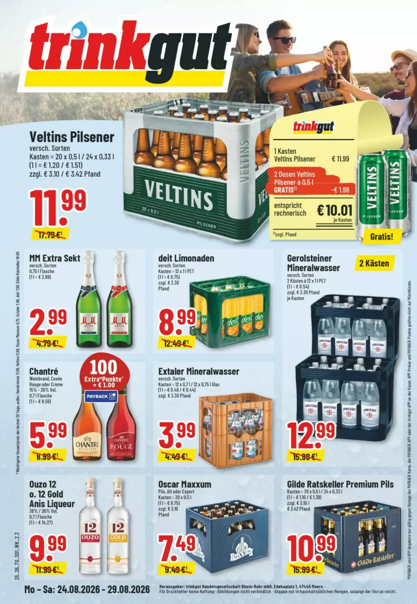 Aktueller Prospekt Trinkgut - Prospekte - von 23.08 bis 29.08.2026 - strona 1 - produkty: Alwa, deit, deka, eis, elle, Extaler, flasche, gerolsteine, gerolsteiner, limo, limonade, limonaden, liqueur, mineralwasser, mm extra, ouzo, ouzo 12, payback, pils, pilsener, premium pils, reifen, reis, rouge, sekt, steiner, Ti, uhr, veltins, veltins pilsener, wasser, wein, weinbrand