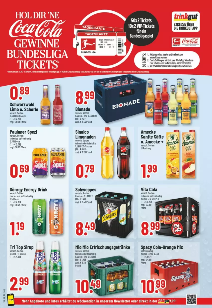 Aktueller Prospekt Trinkgut - Prospekte - von 23.08 bis 29.08.2026 - strona 2 - produkty: amecke, bio, bionade, cola, coupon, drink, eis, energy drink, erfrischungsgetränk, erfrischungsgetränke, flasche, getränk, getränke, limo, limonade, limonaden, Mio Mio, orange, Paula, paulaner, pet-flasche, säfte, schorle, schweppes, sinalco, sirup, Spezi, Ti, vita, Vita C