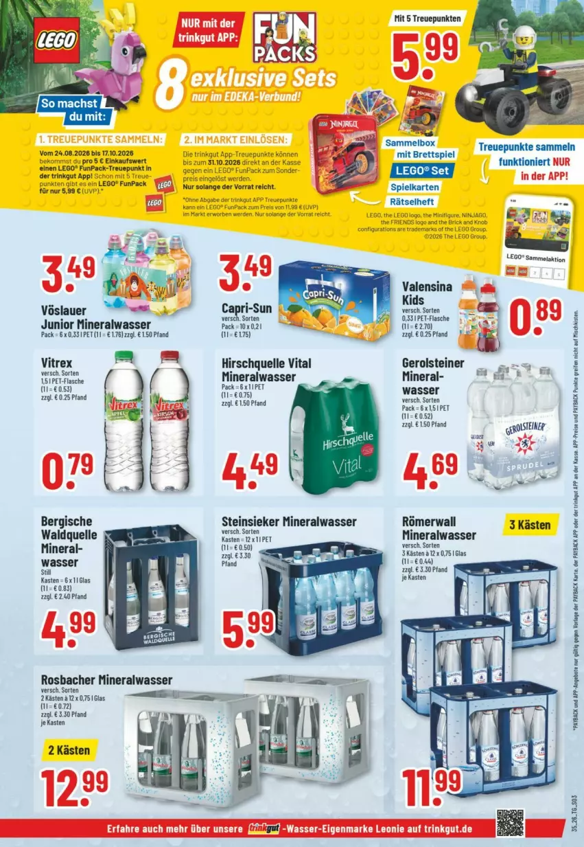 Aktueller Prospekt Trinkgut - Prospekte - von 23.08 bis 29.08.2026 - strona 3 - produkty: Alwa, auer, beko, Cap, capri-sun, eis, elle, erde, flasche, gerolsteine, gerolsteiner, LEGO®, mac, mineralwasser, ninjago, pet-flasche, reis, steiner, Steinsieker, Ti, valensina, vita, vitrex, vöslauer, Waldquelle, wasser