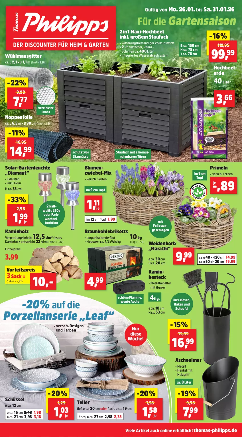 Aktueller Prospekt Thomas Philipps - von 26.01 bis 31.01.2026 - strona 1 - produkty: akku, Behälter, besteck, blume, blumen, braun, briketts, Draht, edelstahl, eimer, eis, elle, erde, Garten, henkel, Holz, Kamin, Kaminholz, korb, lamm, leds, Leuchte, LG, Maus, Primeln, reis, sac, schüssel, teller, Ti, topf, vorteilspreis, wasser, zwiebel