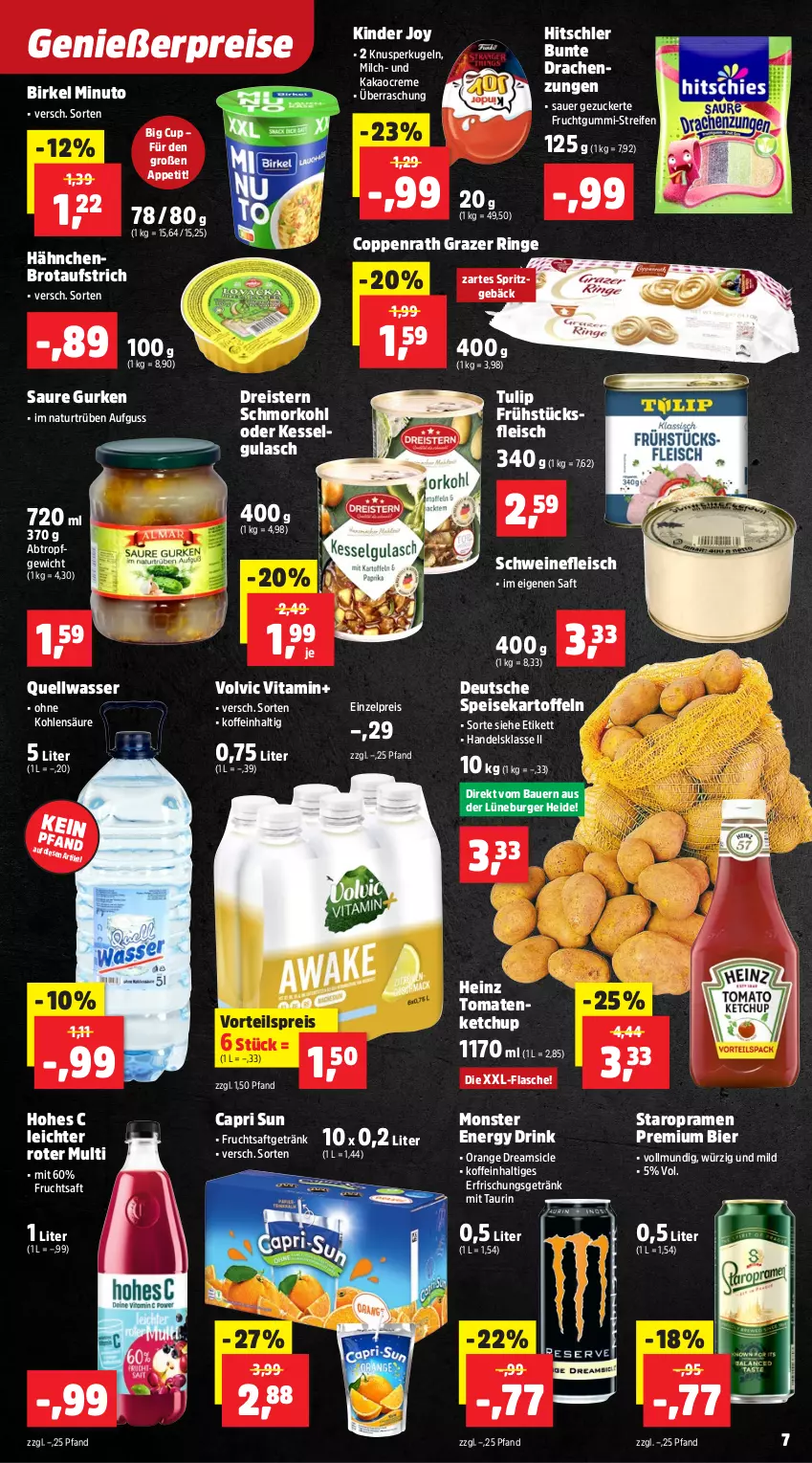 Aktueller Prospekt Thomas Philipps - von 26.01 bis 31.01.2026 - strona 7 - produkty: auer, aufstrich, Bau, Bauer, bier, birkel, brot, brotaufstrich, burger, Cap, coppenrath, creme, dreistern, drink, eis, energy drink, erfrischungsgetränk, flasche, fleisch, frucht, fruchtgummi, fruchtsaft, fruchtsaftgetränk, frühstücksfleisch, getränk, gulasch, gurke, gurken, heinz, hitschler, Hohes C, kakao, kartoffel, kartoffeln, ketchup, Kinder, Kugel, LG, milch, monster, Monster Energy, natur, orange, Razer, reifen, reis, ring, saft, schwein, schweine, schweinefleisch, speisekartoffeln, Spritzgebäck, Staropramen, Ti, tomate, tomaten, tomatenketchup, tulip, vita, volvic, vorteilspreis, wasser, wein, weine, zucker