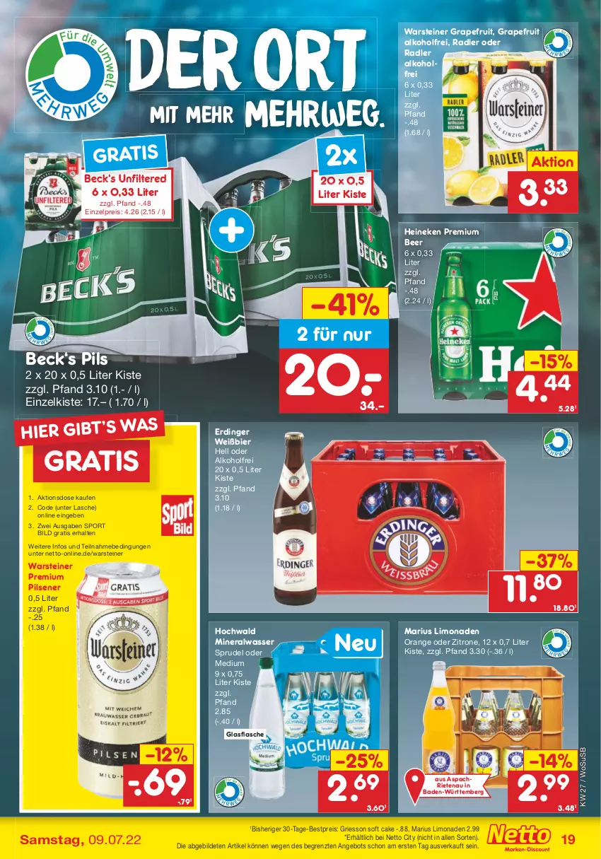 Aktueller Prospekt Netto Marken-Discount - Filial-Angebote - von 04.07 bis 09.07.2022 - strona 19 - produkty: alkohol, Alwa, angebot, Bad, bestpreis, bier, eis, erdinger, flasche, glasflasche, grapefruit, griesson, heineken, hochwald, limo, limonade, limonaden, mineralwasser, oder radler, orange, pils, pilsener, premium pils, radler, reis, rwe, Sport, Sprudel, steiner, Ti, usb, warsteiner, wasser, zitrone, ZTE