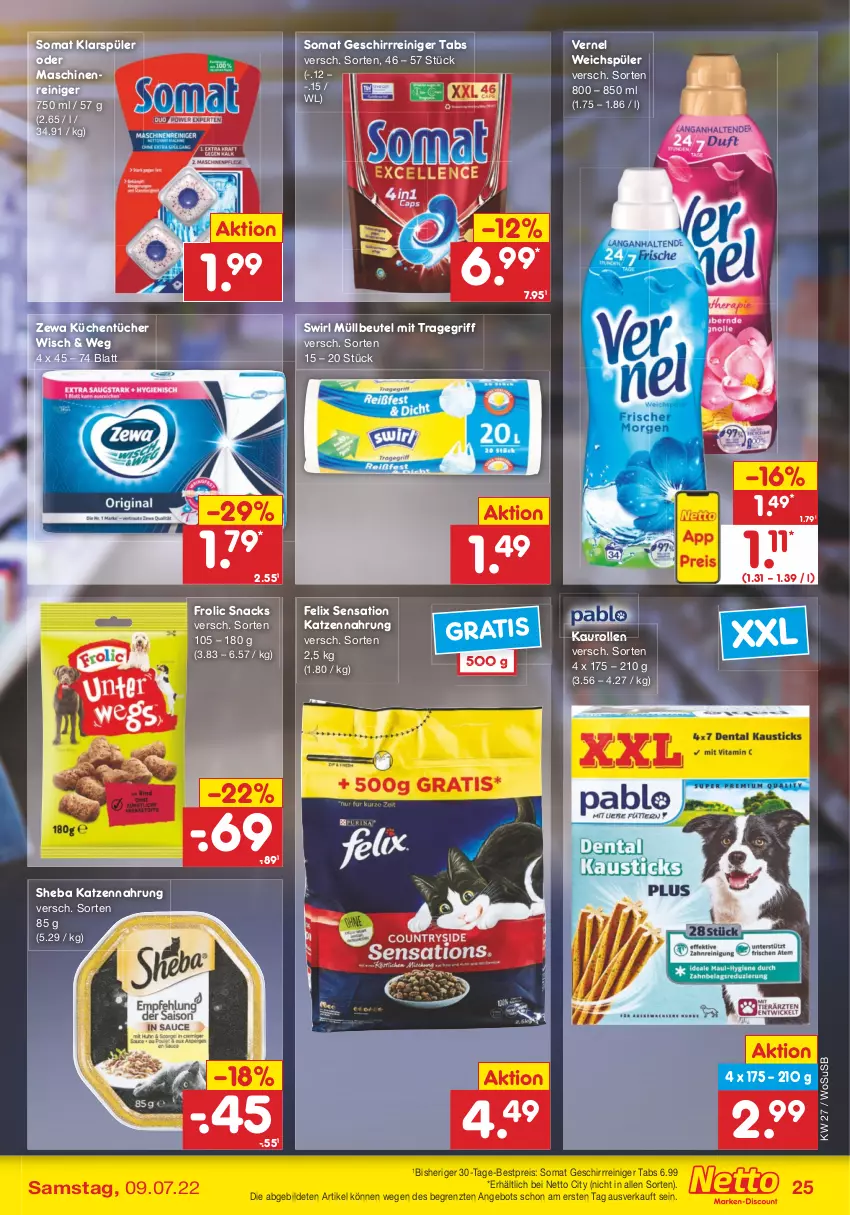 Aktueller Prospekt Netto Marken-Discount - Filial-Angebote - von 04.07 bis 09.07.2022 - strona 25 - produkty: angebot, bestpreis, beutel, eis, felix, frolic, geschirr, katzennahrung, klarspüler, küche, Küchen, küchentücher, maschinenreiniger, müllbeutel, reiniger, reis, sheba, snack, snacks, somat, swirl, Ti, tragegriff, tücher, usb, vernel, weichspüler, zewa, ZTE