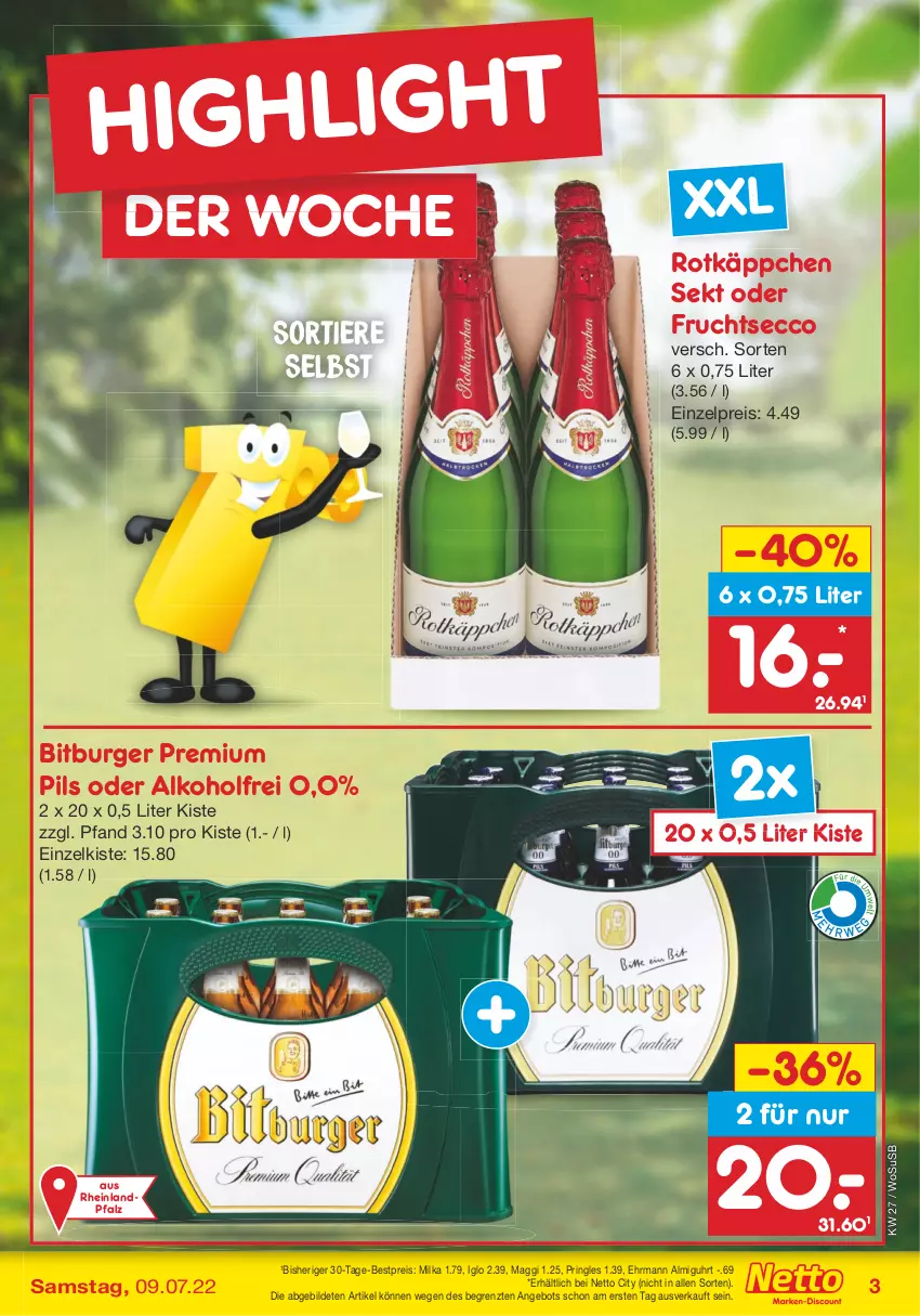 Aktueller Prospekt Netto Marken-Discount - Filial-Angebote - von 04.07 bis 09.07.2022 - strona 3 - produkty: alkohol, angebot, bestpreis, bitburger, burger, ecco, ehrmann, eis, frucht, fruchtsecco, iglo, maggi, milka, pils, premium pils, pringles, reis, ring, rotkäppchen, sekt, Ti, Tiere, uhr, usb, ZTE