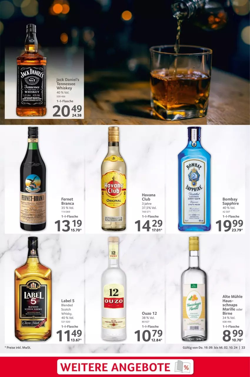 Aktueller Prospekt Selgros - Gastronomie - von 19.09 bis 02.10.2024 - strona 33 - produkty: blended scotch, blended scotch whisky, bombay sapphire, dry gin, eis, Fernet, fernet branca, flasche, gin, Havana Club, jack daniel, Jack Daniel’s, london dry, london dry gin, ouzo, ouzo 12, reis, rwe, sapphire, scotch, scotch whisky, Ti, whisky