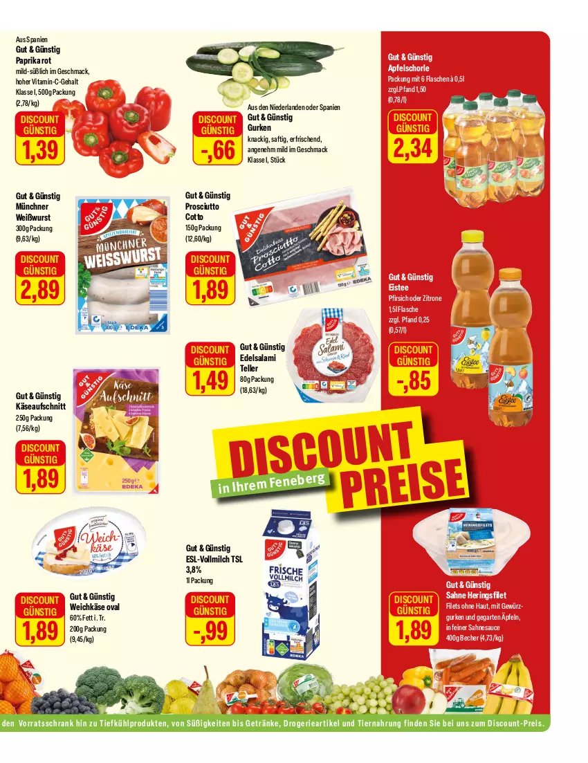 Aktueller Prospekt Feneberg - Prospekte - von 22.02 bis 24.02.2024 - strona 11 - produkty: apfel, Apfelschorle, aufschnitt, Becher, discount, Edelsalami, eis, eistee, elle, filet, filets, flasche, Garten, getränk, getränke, gewürz, Gewürzgurke, gewürzgurken, gurke, gurken, hering, Herings, Käse, mac, milch, paprika, paprika rot, pfirsich, prosciutto, prosciutto cotto, reis, ring, saft, sahne, salami, sauce, schorle, Schrank, tee, teller, Ti, tiernahrung, vita, vollmilch, vorratsschrank, weichkäse, Weißwurst, wurst, zitrone