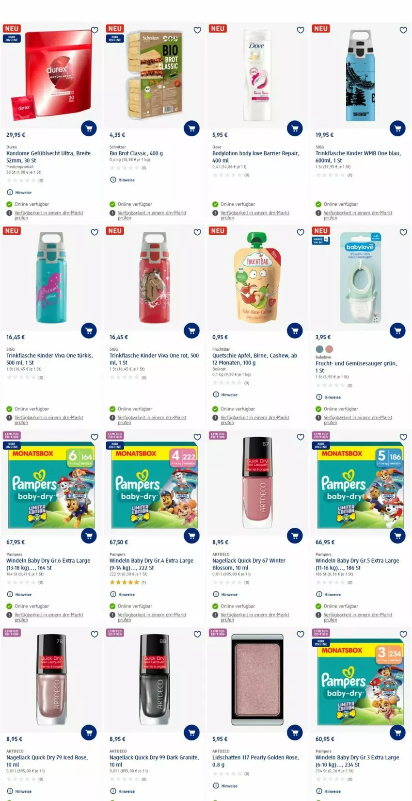 Aktueller Prospekt Dm Drogerie - Prospekte - von 21.08 bis 30.08.2023 - strona 12 - produkty: apfel, baby-dry, Babylove, bio, body, bodylotion, Brei, brot, Cashew, Durex, eis, flasche, frucht, Kinder, Kondome, lack, Lotion, medizinprodukt, Nagellack, pampers, Ti, trinkflasche, und gemüse, windeln