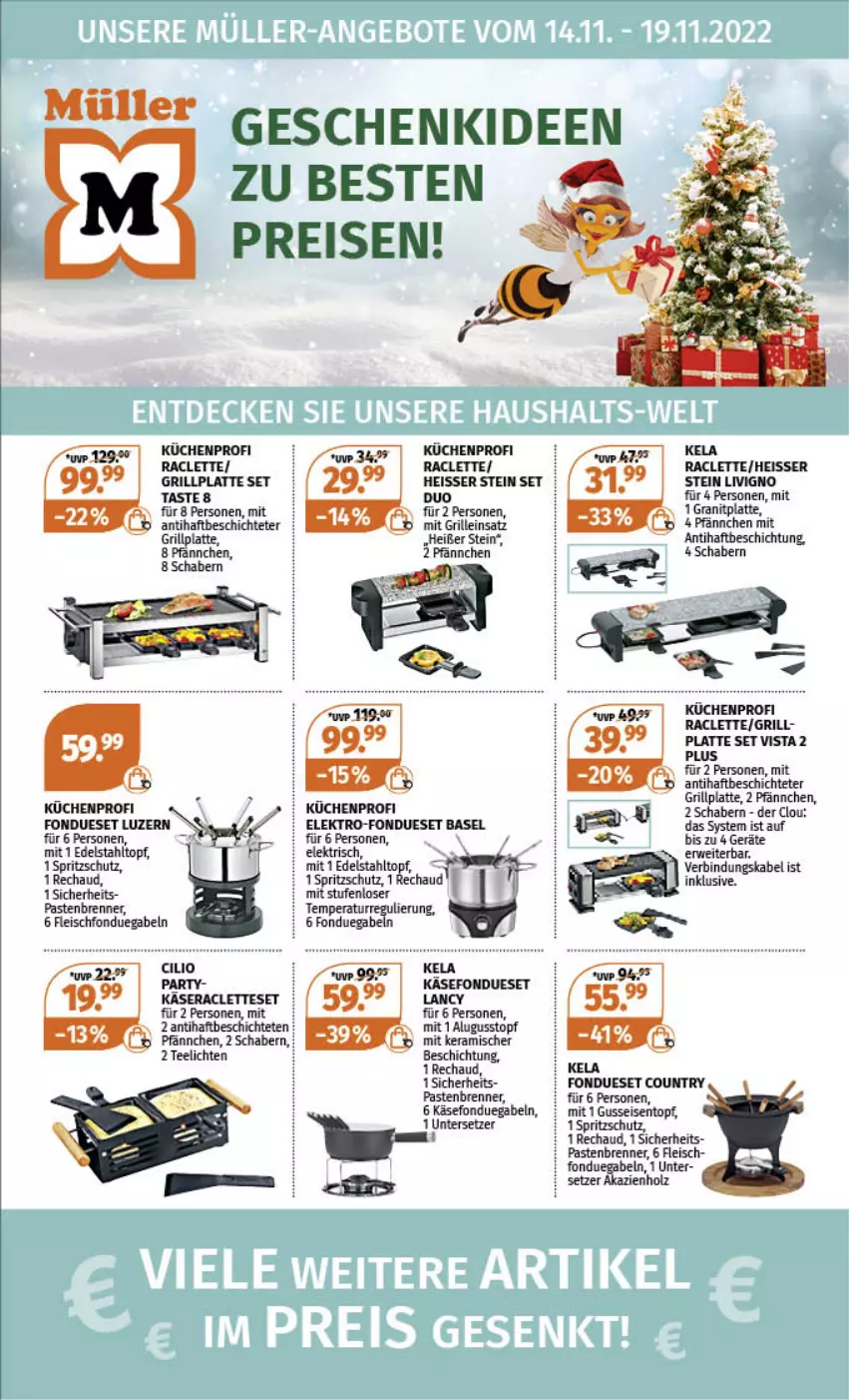 Aktueller Prospekt Mueller - Haushaltswaren Angebote - von 14.11 bis 19.11.2022 - strona 1 - produkty: cilio, edelstahl, eis, Elektro, fleisch, Fondue, gabel, grill, grillplatte, Holz, Käse, küche, kuchen, Küchen, küchenprofi, latte, reis, rwe, Spritzschutz, tee, Teelicht, teelichte, Ti, topf