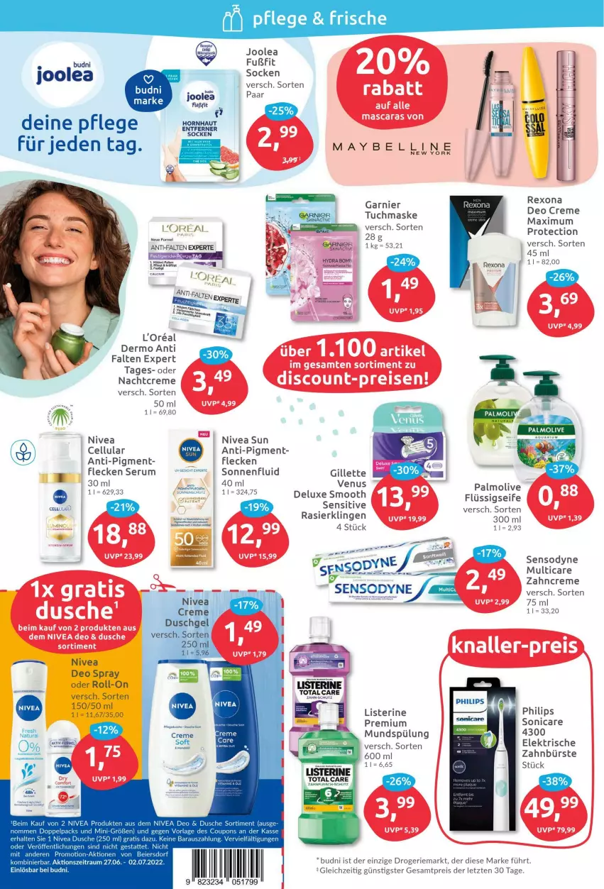 Aktueller Prospekt Budni - Prospekte - von 27.06 bis 02.07.2022 - strona 2 - produkty: anti-falten experte, bürste, coupon, coupons, creme, deo, deo spray, dusche, eis, fleisch, flüssigseife, garnier, gillette, l'oreal, listerine, Maske, Maus, mundspülung, nachtcreme, natur, natura, nivea, nivea sun, olive, palmolive, Philips, Rasierklinge, rasierklingen, reis, roll-on, rum, Seife, sensodyne, Serum, socken, sonicare, spülung, Ti, tuc, tuchmaske, venus, Yo, zahnbürste, zahncreme, ZTE