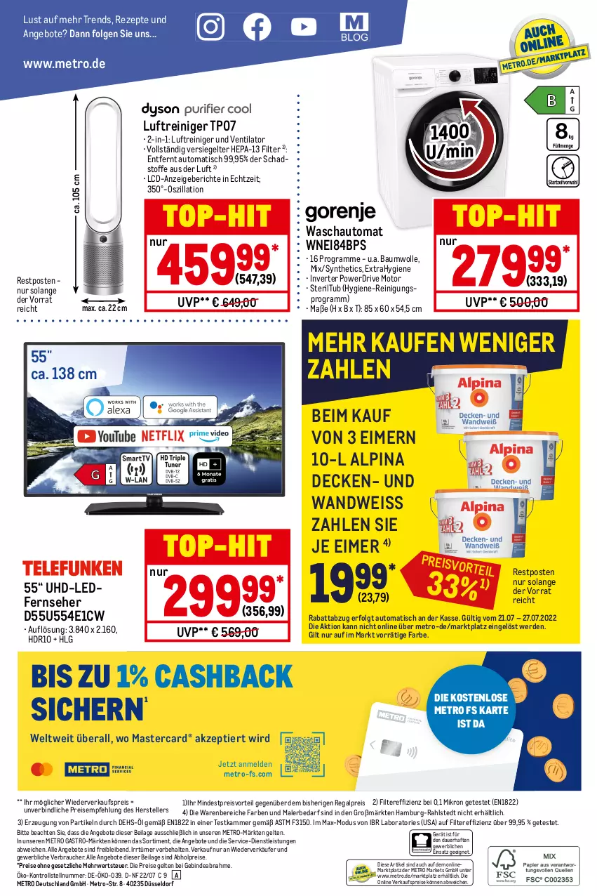 Aktueller Prospekt Metro - NonFood - von 01.06 bis 24.07.2022 - strona 20 - produkty: abholpreise, alpina, angebot, angebote, auer, auto, Bau, baumwolle, decke, eimer, eis, elle, erde, fernseher, ilag, LG, Luftreiniger, mastercard, Metro, metro gastro, preisvorteil, Rauch, regal, reiniger, Reinigung, reis, rezept, rezepte, rwe, teller, Ti, tisch, top-hit, uhd, ventilator, wolle