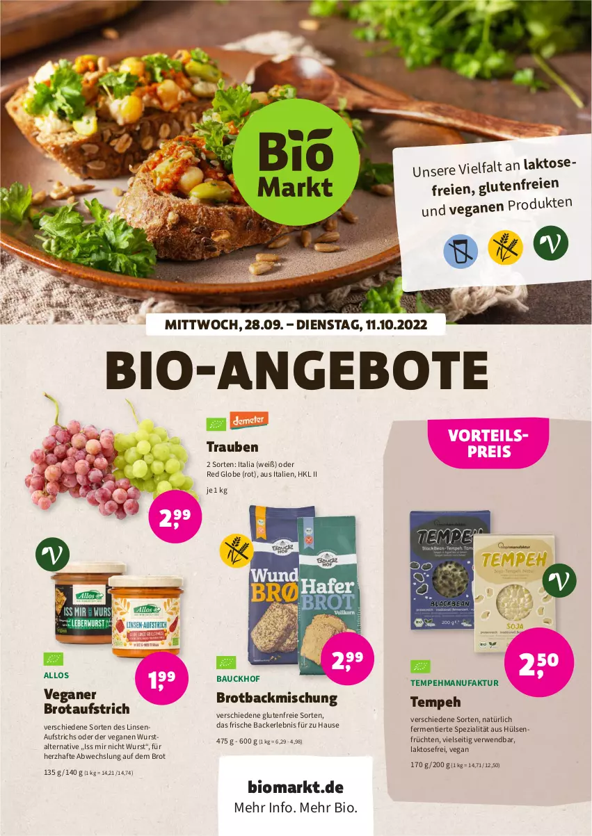 Aktueller Prospekt Denns Biomarkt - Prospekte - von 28.09 bis 11.10.2022 - strona 1 - produkty: angebot, angebote, aufstrich, backmischung, Bau, bio, brot, brotaufstrich, eis, Faktu, früchte, früchten, hülsenfrüchte, linsen, reis, rwe, senf, Spezi, Ti, trauben, vorteilspreis, wurst