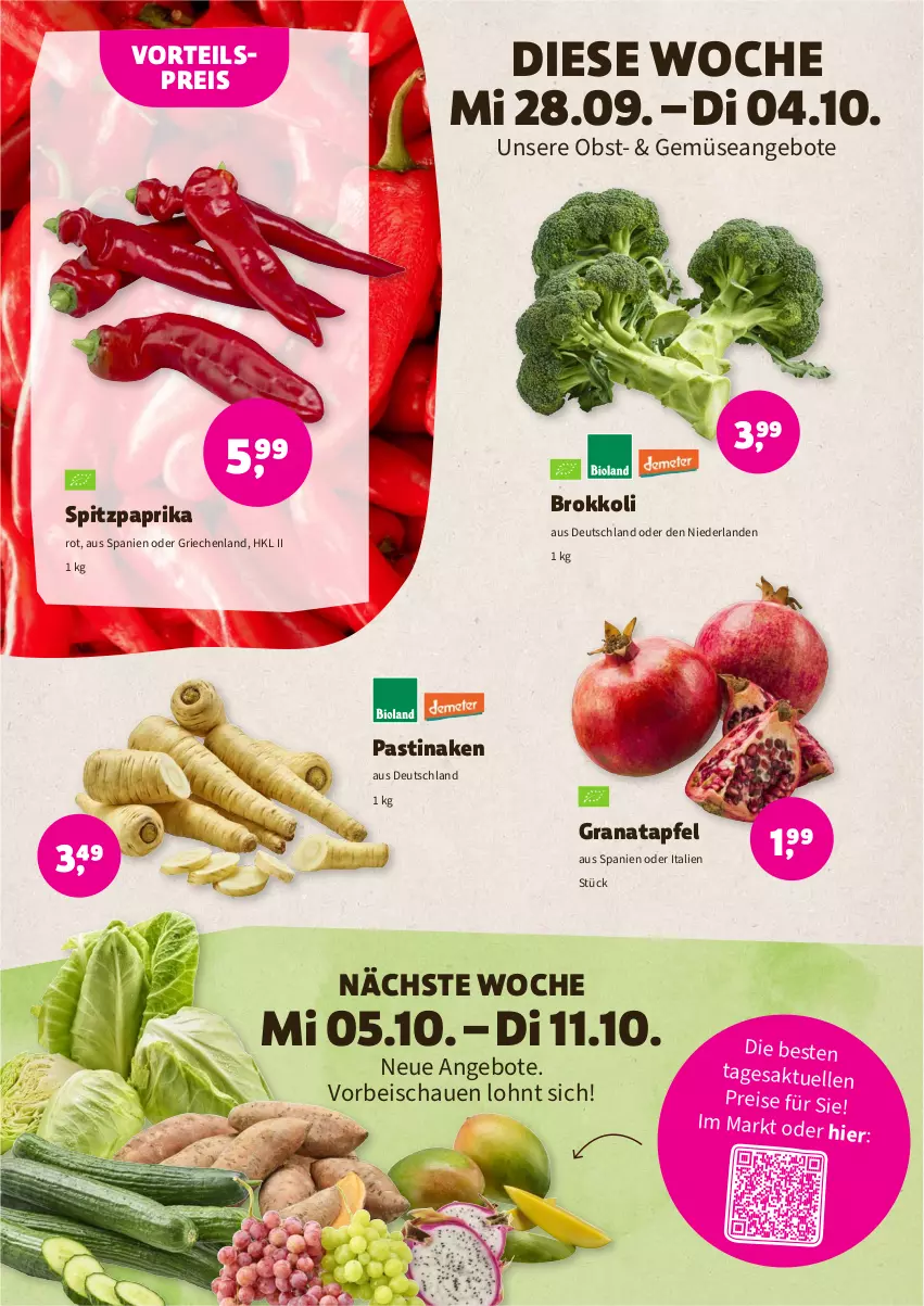 Aktueller Prospekt Denns Biomarkt - Prospekte - von 28.09 bis 11.10.2022 - strona 2 - produkty: angebot, angebote, apfel, asti, brokkoli, eis, elle, grana, granatapfel, obst, paprika, Rana, reis, Spitzpaprika, Ti, vorteilspreis