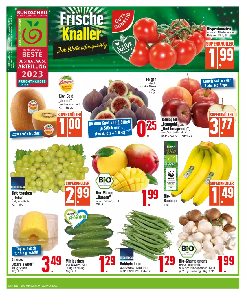 Aktueller Prospekt Edeka - Angebote der Woche - von 25.09 bis 30.09.2023 - strona 2 - produkty: ananas, banane, bananen, bett, bio, bohne, bohnen, braun, champignon, champignons, deka, drucker, eis, Elan, Feigen, frucht, gin, gurke, gurken, HP, jumbo, kiwi, Kiwi Gold, lack, lebensmittel, LG, mango, reis, Ria, rispentomaten, rwe, Schal, Schale, tafeläpfel, tafeltrauben, tee, Ti, tomate, tomaten, trauben, Yo