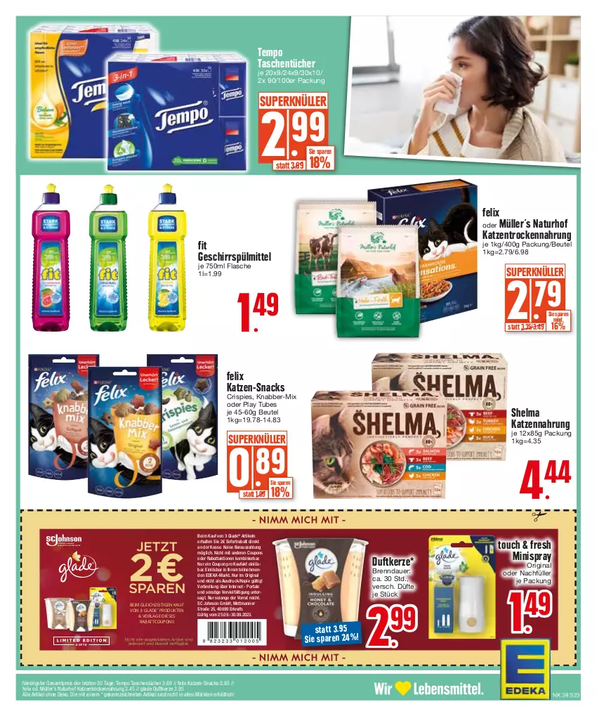 Aktueller Prospekt Edeka - Angebote der Woche - von 25.09 bis 30.09.2023 - strona 23 - produkty: auer, beutel, Brei, coupon, coupons, deka, Duftkerze, eis, felix, flasche, geschirr, geschirrspülmittel, gin, Glade, katzennahrung, kerze, Manner, Mett, Müller, natur, reis, snack, snacks, sofortrabatt, spülmittel, Tasche, taschen, taschentücher, Tempo, Ti, Trockennahrung, tücher, ZTE